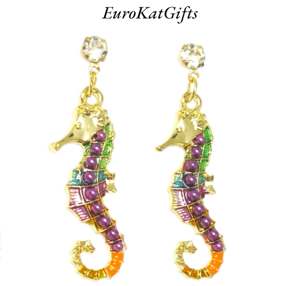 NEW Betsey Johnson Seahorse Pearl Crystal Enamel Earrings 1” Beach Bohemian NWT - Picture 7 of 7